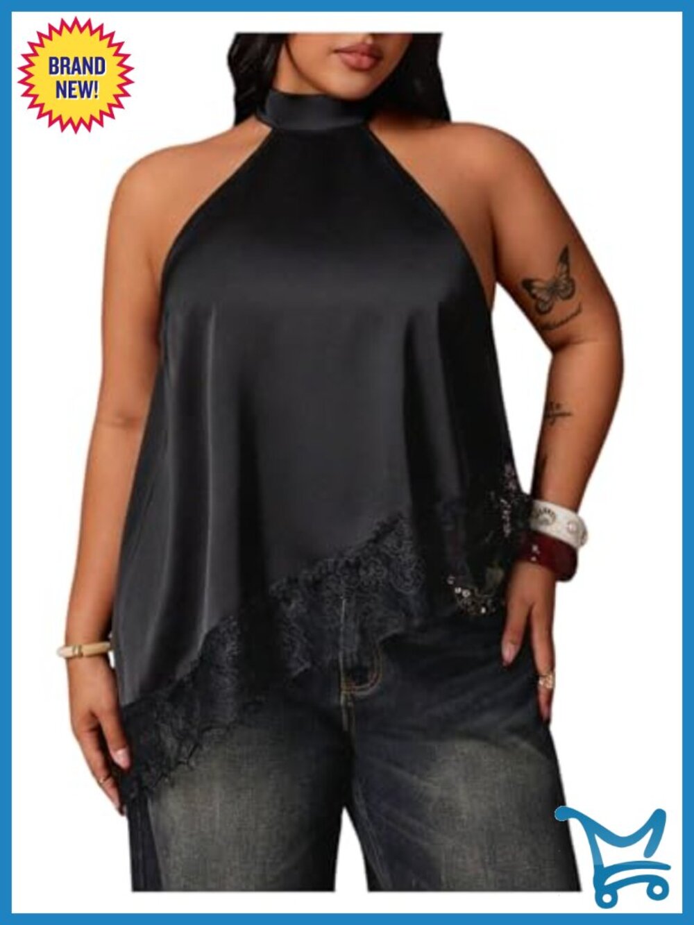 Women's Satin Halter Top Lace Trim Sleeveless Asymmetrical Y2K Going Out